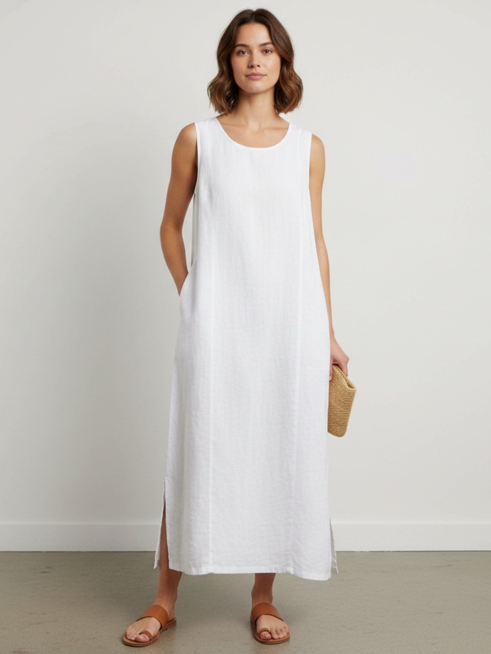 Flax White 100% European Linen Jeanne Engelhart Lagenlook Midi Dress EUC Size S
